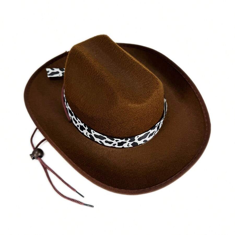 Western Cowgirl Hat For Kids Girl Boy Wide Brim Felt Vintage Fedora Cap With Cow Print Decorative Band - 巧克力色 - 查看 1