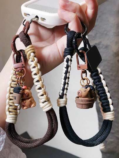 سوار هاتف محمول بشكل كابيبارا، سلسلة قصيرة معلقة، حبل مضفور، سلسلة مفاتيح، قلادة حقيبة، تميمة كرتونية