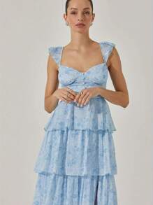 Women's Floral Dress Stylish Multi-Layered Ruffles Split Cap Sleeve Long A-Line Dress For Spring Summer