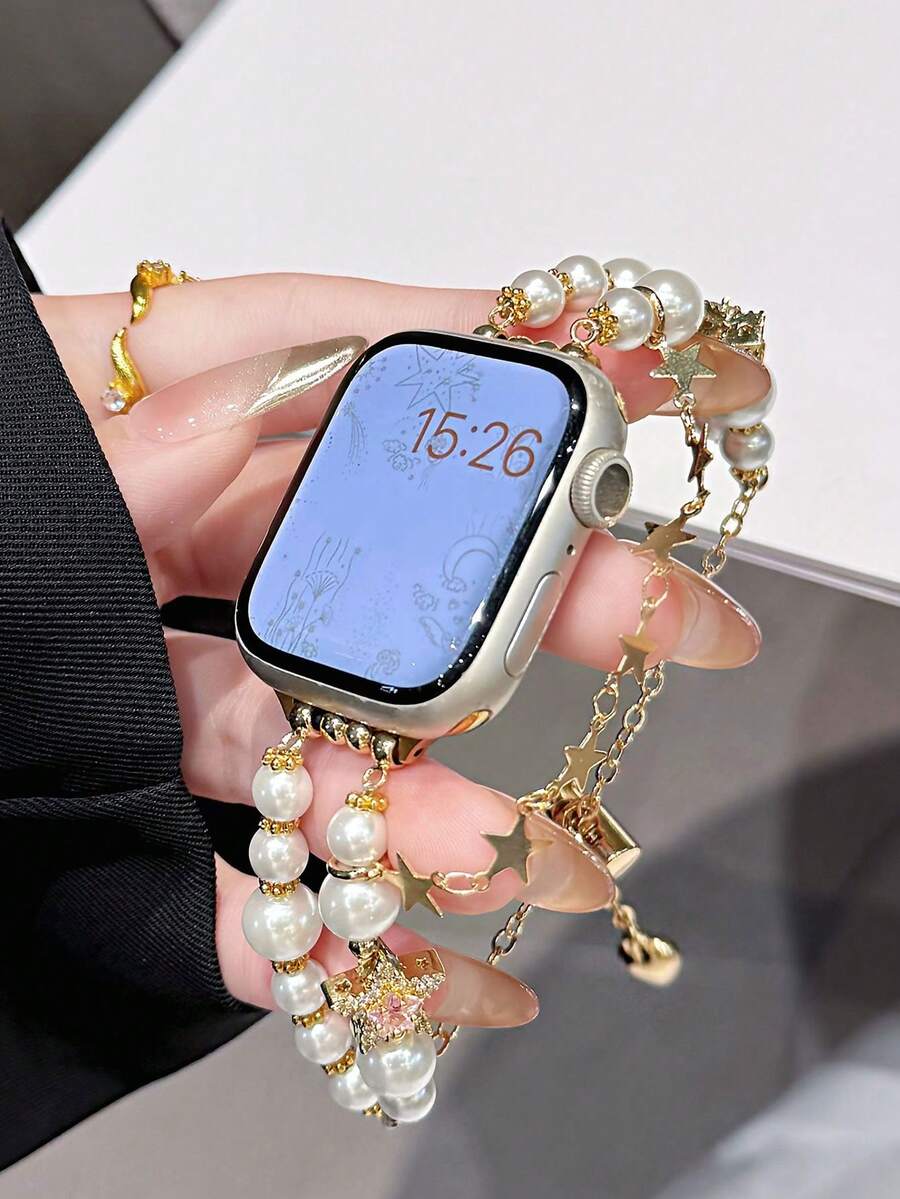 时尚表带，珍珠串珠，时尚女式双链设计，闪亮星星吊坠，兼容 表带 41 毫米、40 毫米 38 毫米、42 毫米 44 毫米、45 毫米 49 毫米，女士可爱表带，SE 9 8 7 6 5 4 3 21 1，情侣礼物，手链和表带 - 白色珍珠 - 查看 1