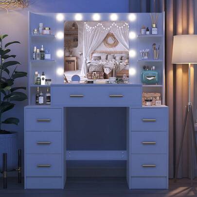 Large Dressing Table With 11 LED Bulbs Mirror And 7 Drawers Vanity Makeup Table