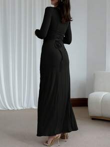 Women's Autumn Dress, Long Sleeve, Oblique Collar, Spaghetti Strap, Waist Cinched, Ruffle Hem, Asymmetric Slit, Elegant Style, Suitable For Vacation, Outing, Date, Party, And Back To School Season - Black - View 5