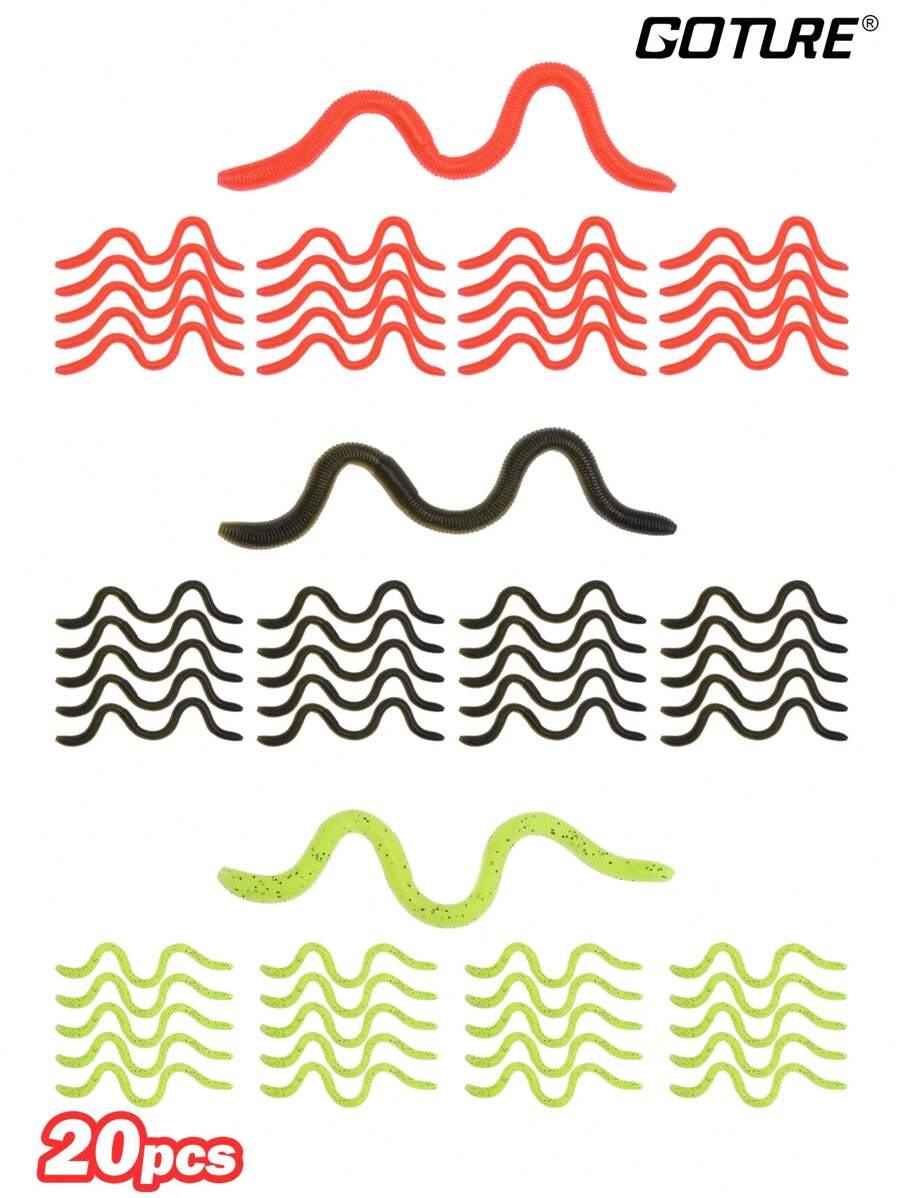 GOTURE Goture 20 Peças Iscas de Pesca Macias de PVC, Minhoca Macia Wacky Worm para Pesca de Baixo, Isca de Pesca Macia Biônica Versátil de Alta Elasticidade