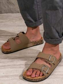 Men Casual Solid Color Buckle Flat Slide Sandals, Black Sandals, White Slippers, Men's Summer Sandals, Couples Shoes, Women Sandals And Slippers, Platform