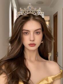1件优雅奢华水晶皇冠发箍，适合女性，用途广泛，可用于各种节日、婚礼、伴娘、生日礼物、皇冠、头饰、发圈、发饰、派对配饰、婚礼、伴娘礼物、派对造型、发饰等场合。 - 金色 - 查看 3
