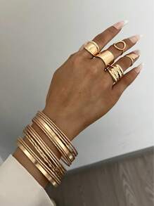 19pcs/2sets Elegant, Glamorous, Bracelet + Ring Jewelry Set For Women, Includes Smooth Metal Bangle & Wide Geometric Open Rings, Gold Tone, Versatile For Daily/Party Wear
