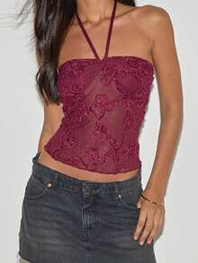 Womens Floral Halter Tank Tops Summer Sequin Slim Fit Backless Sleeveless Crop Vest - 酒紅色 - 查看 3