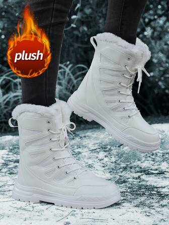 女雪地靴2025冬季新款厚底增高防滑耐磨PU防水防油高帮真皮马靴毛绒内里圆头系带时尚百搭户外徒步徒步探险保暖隔热防寒女靴时尚户外皮靴人造毛内里保暖防寒女皮草鞋
