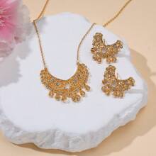 Conjunto de 2 peças: colar e brincos com estampa floral vazada, elegante para mulheres, festa, banquete, presente