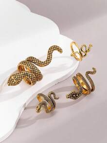 Set de 4 anillos con forma de serpiente, anillo vintage punk con estampado geométrico de serpiente en estilo exagerado - Negro - Ver 5
