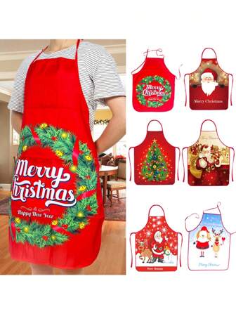 Christmas Apron With Cheerful Reindeer & Gifts Design - Durable Polyester, Perfect For Holiday Cooking & Party Decor