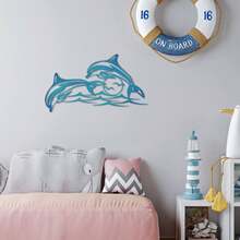 1 pieza Decoración de pared de metal en forma de delfín, dos delfines saltando fuera de la superficie del mar, decoración de pared para interiores y exteriores, adecuado para piscina, baño