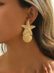 1 Pair Bohemian Exotic Starfish & Shell Texture Earrings, Unique Design, Fashionable & Elegant, Suitable For Women Beach / Holiday Wear
