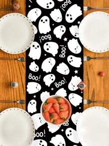 1 pieza Camino de mesa de poliéster con diseño blanco y negro de fantasma lindo de 35*180cm, con el texto "¡Buu!" Adecuado para fiestas de Halloween, decoración de temas de terror, restaurantes, cocinas o reuniones en el hogar, artículos para fiestas