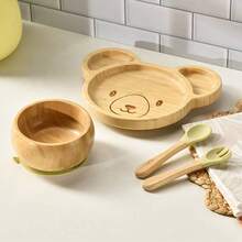 Set de 4 piezas de vajilla para bebé, que incluye 1 plato, 1 tazón, 1 cuchara, 1 tenedor, con diseño de dibujos animados y ventosa antideslizante, juego de alimentación para bebé, un set de suministros de destete para bebé - Verde - Ver 1