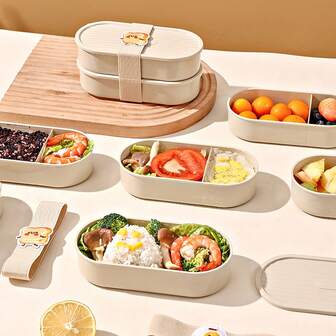 2 pezzi/set Scatola da pranzo divisa in plastica da 730 ml, Contenitore bento ovale riutilizzabile portatile con simpatiche cinghie a cartone animato, Contenitore per conservazione di insalata di frutta, adatto per preparazione pasti e controllo delle porzioni, Contenitore per pranzo microonde, adatto per adulti e studenti in cucina, scuola, ufficio, dormitorio, feste, picnic e campeggio