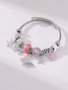 1 件优雅水晶水钻皇冠、蝴蝶结、心形吊坠和棋盘串珠不锈钢手链套装，时尚珠宝礼物，适合女性，适合派对和母亲节 - 銀色 - 查看 9