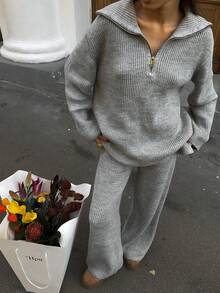 VIBEWAVE 女士休闲针织套装，宽松翻领半拉链长袖毛衣和高腰阔腿裤两件套 - 灰色 - 查看 2