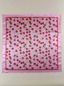 1条女士樱桃印花优雅丝巾，缎面领巾头巾，连衣裙配饰 - 粉色 - 查看 4