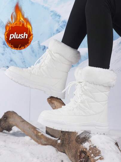 2025 Zimowe damskie buty śnieżne, gruba podeszwa, antypoślizgowe, wodoodporne buty z wysokiej cholewki ze skóry PU z pluszową podszewką, modne i uniwersalne buty trekkingowe, ciepłe i odporne na zamarzanie