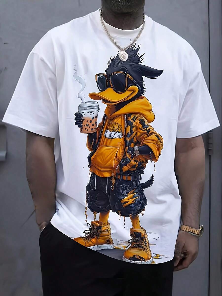 Men's Short Sleeve T-Shirt With A Cool Cartoon Duck Design, Casual Summer Round Neck Short Sleeve Shirt, Simple Men's T-Shirt - màu đen - Xem 1