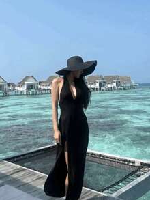 1 件超大可折叠帽檐夏季海滩遮阳帽，黑色海边防紫外线旅行遮阳帽 - 黑色 - 查看 4