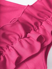 BIUBIU Plus Size Women's Solid Color Asymmetric Shoulder Ruffle Pleated Design Sleeveless Elegant Split Dress, Suitable For Parties, Dates, Singles Events, Formal Dinners Or Grand Occasions - Hot Pink - View 7