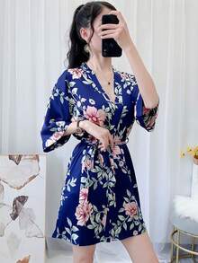 Silky Floral Print Short Sleeve Robe For Women, Sexy Lightweight Ankle Length Robe Suitable For Loungewear And Outerwear - Multicolor - View 7