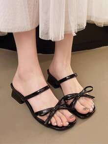 蝴蝶结双带粗跟假日休闲时尚百搭青少年一脚蹬厚底凉鞋