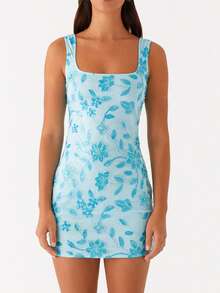 Women Slip Dress, Sleeveless Square Neck Sequined Flower Slim Fit Summer Mini Dress For Club Party - Blue - View 2