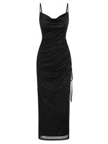 Elegant Shiny Spaghetti Strap Side Drawstring Black Mid-Length Dress, Pleated Fitted High Slit Cocktail Party Clubwear Vacation, Spring/Summer - Black - View 6