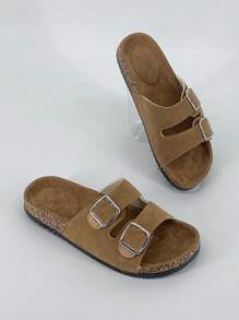 Men Casual Solid Color Buckle Flat Slide Sandals, Black Sandals, White Slippers, Men's Summer Sandals, Couples Shoes, Women Sandals And Slippers, Platform