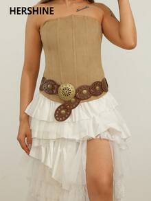 Hershine 1 chiếc thắt lưng vá hình bầu dục phong cách Boho/Cao bồi miền Tây dành cho nữ, phụ kiện trang trí bằng đồng cổ, phụ kiện thời trang có khoen kim loại, đinh tán và chấm bi, phù hợp với váy - màu nâu - Xem 9