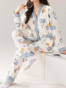 女士V领睡衣套装（两件套），长袖上衣和长裤，柔软舒适，适合春秋季和秋冬季穿着。