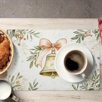 Juego de 1/2/4/6 manteles individuales elegantes con diseño de campanas navideñas, con hojas de acebo y lazos con acentos de bayas, que miden 30cm x 45cm, hechos de material de poliéster, lavables a máquina, perfectos para reuniones familiares, fiestas, decoración navideña de cocina y restaurantes.