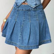Siren Gaze Jupe plissée en jean de couleur unie style A-Line pour femme - Jean bleu - Voir 6