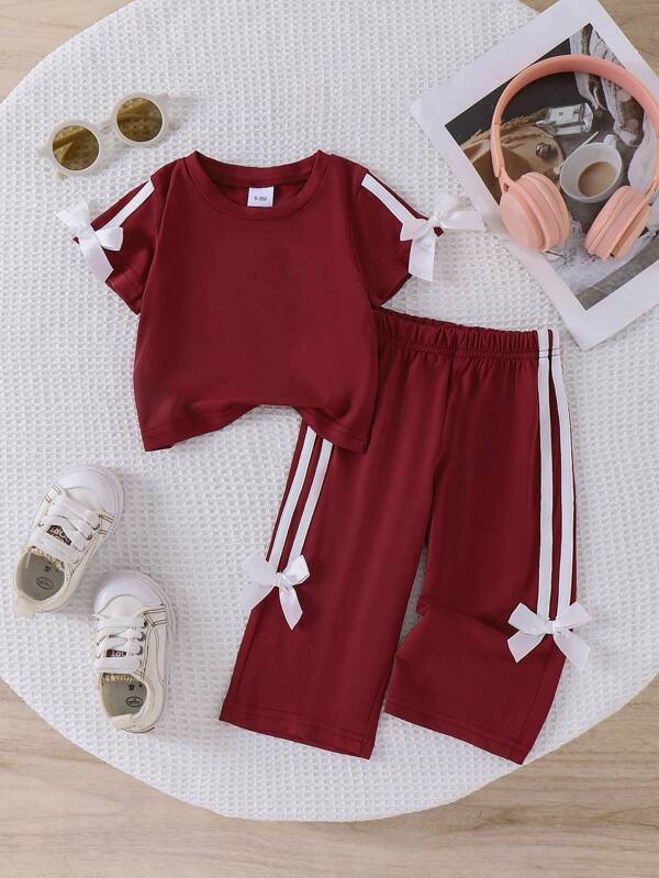 2pcs/Set Baby Girl Casual Sports Colorblock Ribbon Bow Short Sleeve Top And Lightweight Breathable Straight Pants Set, Summer
