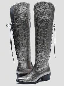 GLOBALWIN Women's Cowboy Western Fashion Over The Knee Thigh High Cowgirl Boots Low Heel Holiday Season Long Boots Fall Winter Spring Boots - Bạc - Xem 3
