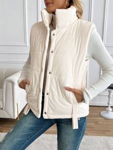 Women's Stand-Up Collar Vest, Sleeveless Button-Down Cotton Jacket, Quilted, With Pockets, Casual And Versatile, Suitable For Ladies' Autumn And Winter Wear