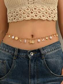 1 件夏季波西米亚海洋主题海星和海洋生物仿珍珠装饰腰链，时尚魅力身体首饰适合女性日常装扮、海滩派对、约会、音乐节