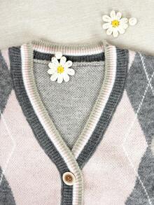 Vintage Collegiate Style Contrast Color Argyle Pattern Knit Vest, No Shirts - Pink - View 5