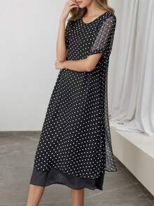 Women's Polka Dot Pattern Long Chiffon Wrap Dress, Layered Design, Elegant For Daily Outings, Commuting, Home & Leisure - Black - View 6