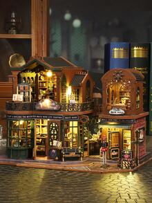 Vintage Bookstore Style Miniature House With LED Light, Double Building Design DIY Wooden Kit With Book Shelves And Street Details, Twilight Book Mall For Home Decoration, Holiday Gift And Relaxing Assembly Project - Multicolor - View 5