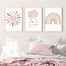 3pcs Art Deco Canvas Wall Art Set - Modern Minimalist Sun, Cloud, Rainbow & Heart Prints - Spring Season Indoor Posters For Living Room, Bedroom, Classroom - Frameless Portrait Orientation Artwork