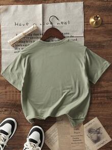 男童休闲草绿色印花圆领短袖T恤，夏季上衣 - 橄欖綠 - 查看 4