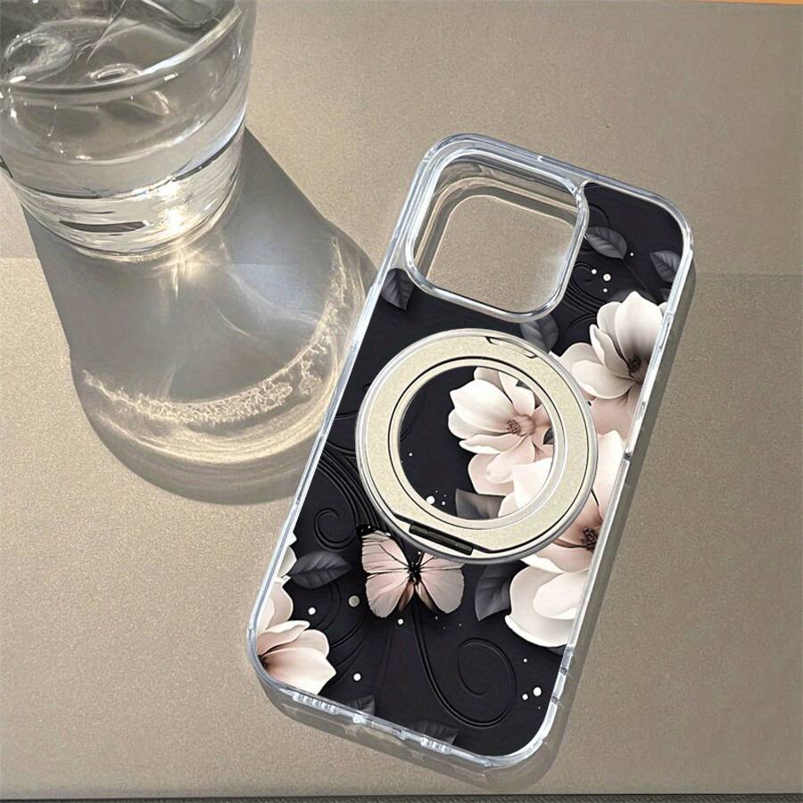 Funda para teléfono Patrón de diseño floral en blanco y negro, Vinilo adhesivo de alta transparencia Soporte magnético giratorio fuerte, Base lisa transparente Soporte anticaída Teléfono móvil, Adecuado phone16Promax, 16 15Pro 14PLUS 1 - Blanco - Ver 1