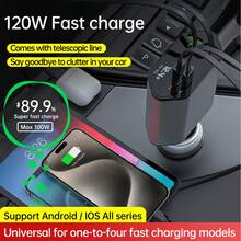 四合一快速充电车载充电器 数字显示电压 120w 快速充电 带 Type-C*2 伸缩充电线 USB 和 Type-C 双输出端口车载充电器 汽车点烟器充电器 - 灰-type-c*2 - 查看 5