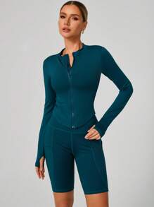 Women's Standing Collar Zipper Long Sleeve Yoga Jacket Tight Fit Quick Dry Yoga Clothing Outdoor Fitness Sports Tops Jacket Suitable For Fitness Workout Wear Fall
