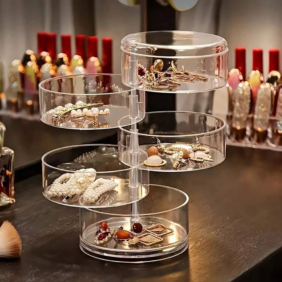 1pc 360° Rotatable 5-Tier Jewelry Box, Clear Rotating Earrings And Bracelet Organizer, Multi-Functional Tabletop Storage With Dustproof Lid, Plastic Accessory Holder Jewelry Boxes - Clear - View 1