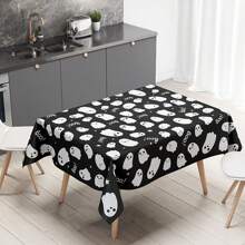 1 pieza Mantel rectangular, 145cm (57.08 pulgadas) de diámetro, 140x180cm (55.11 pulgadas x 70.86 pulgadas). Mantel de poliéster con estampado de fantasmas negros y blancos para Halloween, fondo negro con fantasmas blancos de dibujos animados y "¡BÚ!", adecuado para fiesta de Halloween, reunión de niños, decoración de restaurantes y decoración del hogar